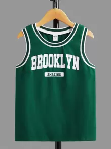 SHEIN 男孩字母圖案拼接邊籃球球衣背心 - 墨綠色 - 查看 1