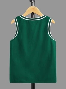 SHEIN 男孩字母圖案拼接邊籃球球衣背心 - 墨綠色 - 查看 2