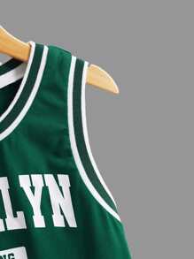 SHEIN 男孩字母圖案拼接邊籃球球衣背心 - 墨綠色 - 查看 3