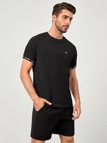 GENTILAND 男士字母圖案貼布細節T恤和運動短褲 - 黑色 - 查看 6