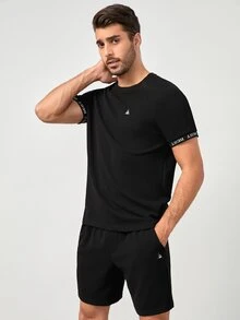 GENTILAND 男士字母圖案貼布細節T恤和運動短褲 - 黑色 - 查看 5