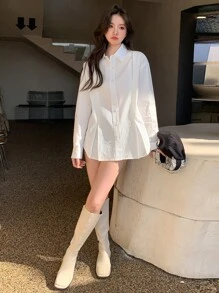 DAZY Solid Drop Shoulder Shirt - White - View 1