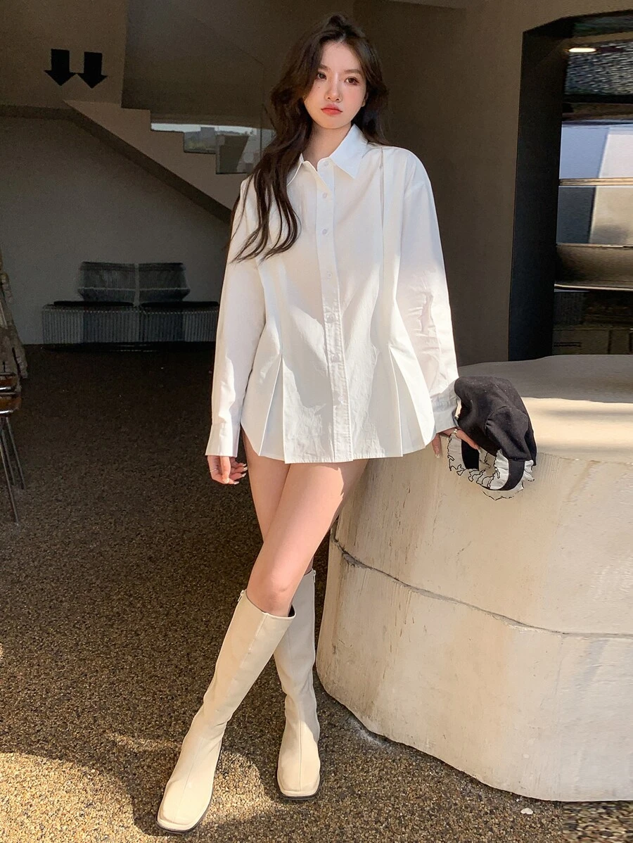 DAZY Solid Drop Shoulder Shirt - White - View 1