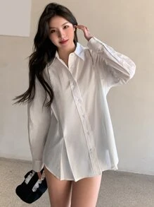 DAZY Solid Drop Shoulder Shirt - White - View 3