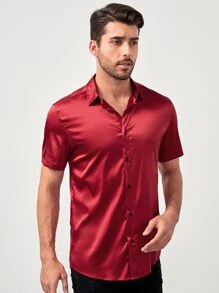 Manfinity Men Solid Satin Shirt - Rose Red - View 4