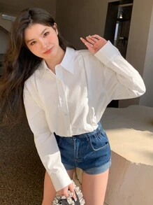 DAZY Solid Drop Shoulder Shirt - White - View 8