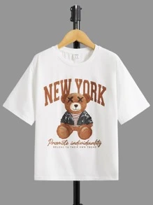 SHEIN Boys Bear & Slogan Graphic Tee - White - View 1