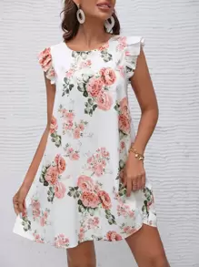 SHEIN VCAY 印花荷葉袖洋裝 - 白色 - 查看 1