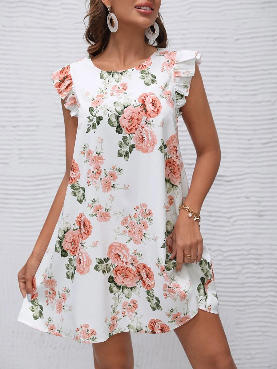 SHEIN VCAY 印花荷葉袖洋裝 - 白色 - 查看 1