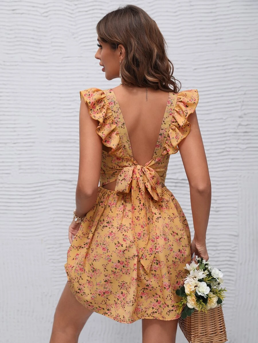 SHEIN VCAY Square Neck Ruffle Trim Floral Dress - Yellow - View 1