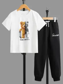 SHEIN Boys Bear & Slogan Graphic Tee & Drawstring Waist Joggers - Black and White - View 1
