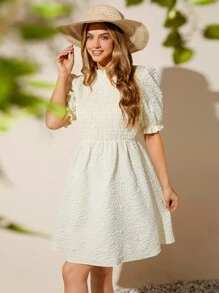 SHEIN VCAY Textured Shirred Front Frill Trim Puff Sleeve Dress - Beige - View 4