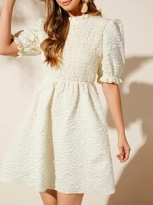 SHEIN VCAY Textured Shirred Front Frill Trim Puff Sleeve Dress - Beige - View 3