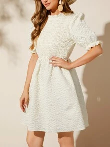 SHEIN VCAY Textured Shirred Front Frill Trim Puff Sleeve Dress - Beige - View 6