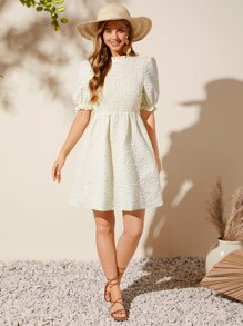 SHEIN VCAY Textured Shirred Front Frill Trim Puff Sleeve Dress - Beige - View 7