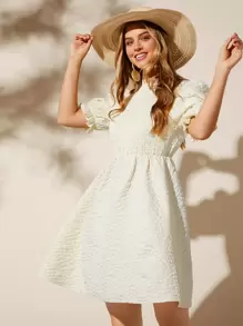 SHEIN VCAY Textured Shirred Front Frill Trim Puff Sleeve Dress - Beige - View 1