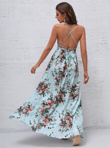 SHEIN VCAY High Split Lace Up Back Cami Dress - Baby Blue - View 2