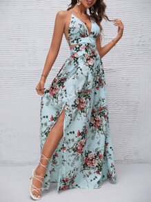 SHEIN VCAY High Split Lace Up Back Cami Dress - Baby Blue - View 4