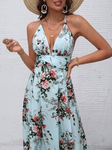 SHEIN VCAY High Split Lace Up Back Cami Dress - Baby Blue - View 5