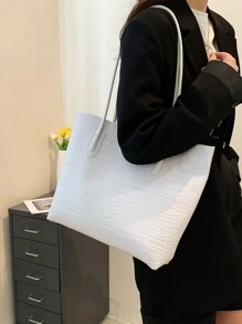 鱷魚壓紋單肩托特包附錢包 - 白色 - 查看 2