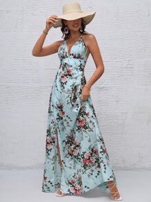 SHEIN VCAY High Split Lace Up Back Cami Dress - Baby Blue - View 6