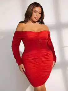 SHEIN SXY Vestido ajustado de hombros descubiertos fruncido - Rojo - Ver 1