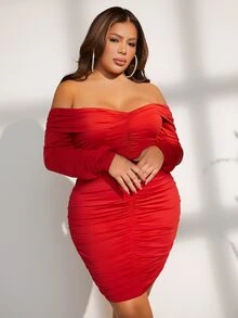 SHEIN SXY Vestido ajustado de hombros descubiertos fruncido - Rojo - Ver 3