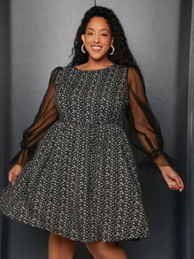 SHEIN CURVE+ Plus Ditsy Floral Print Contrast Mesh Dress - Black and White - View 7