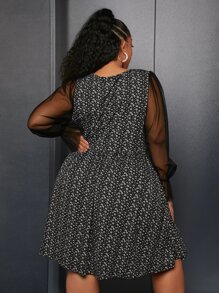 SHEIN CURVE+ Plus Ditsy Floral Print Contrast Mesh Dress - Black and White - View 3