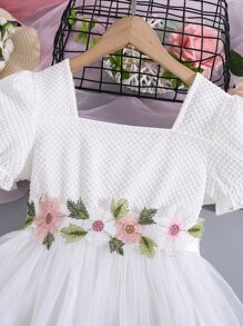 Tween Girl Floral Appliques Puff Sleeve Mesh Dress - White - View 6