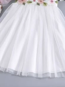 Tween Girl Floral Appliques Puff Sleeve Mesh Dress - White - View 7