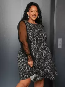 SHEIN CURVE+ Plus Ditsy Floral Print Contrast Mesh Dress - Black and White - View 1