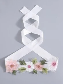 Tween Girl Floral Appliques Puff Sleeve Mesh Dress - White - View 8