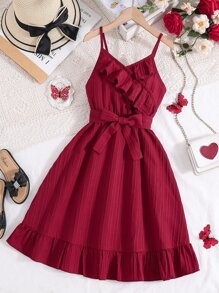SHEIN Girls Ruffle Trim Belted Cami Dress - Burgundy - View 1