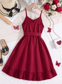 SHEIN Girls Ruffle Trim Belted Cami Dress - Burgundy - View 2