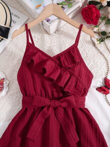 SHEIN Girls Ruffle Trim Belted Cami Dress - Burgundy - View 3