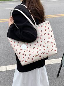 水果樣式金屬裝飾單肩托特包附包飾 - 米色 - 查看 1