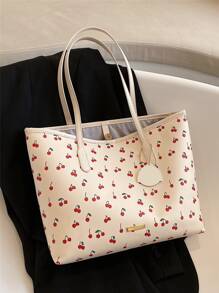 水果樣式金屬裝飾單肩托特包附包飾 - 米色 - 查看 2