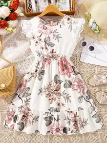 SHEIN Girls Floral Print Lace Trim Ruffle Hem Dress - White - View 1