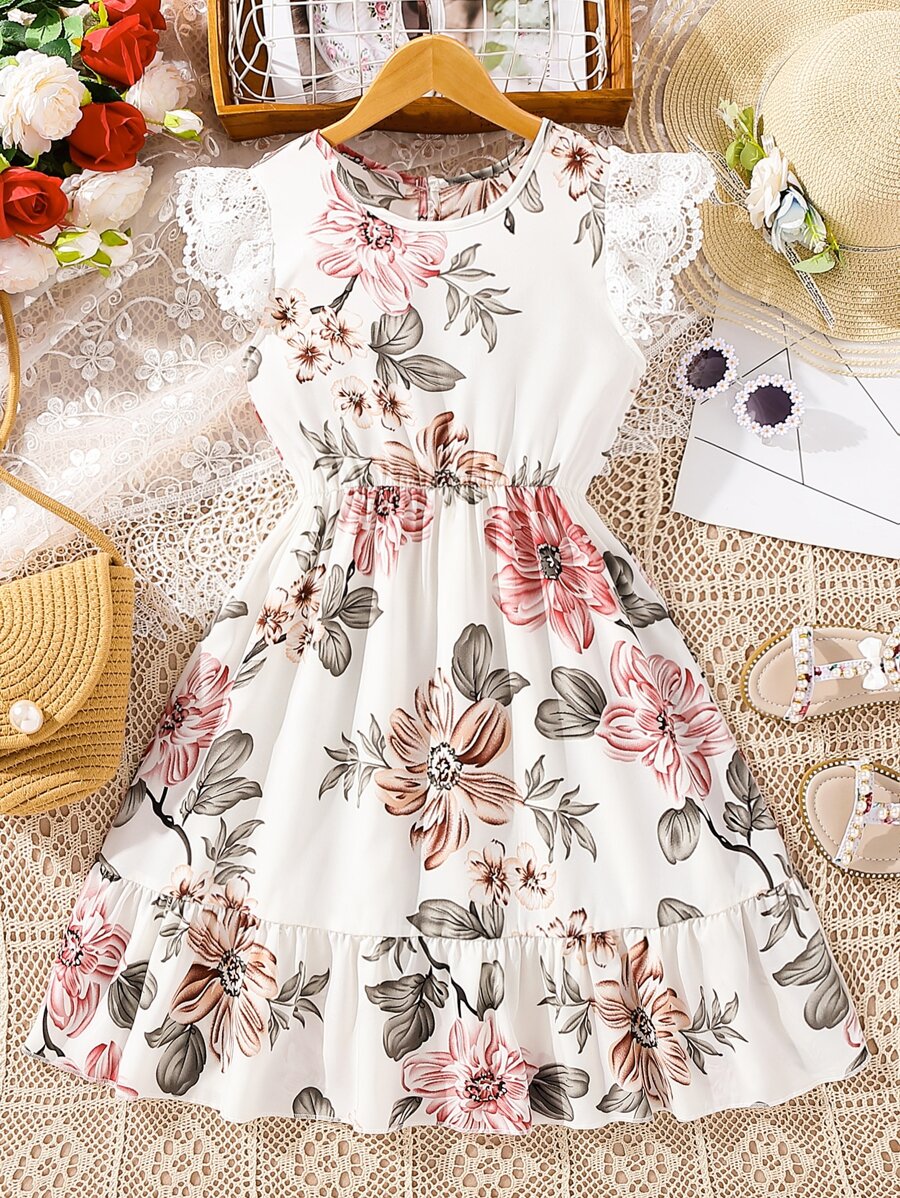 SHEIN Girls Floral Print Lace Trim Ruffle Hem Dress - White - View 1