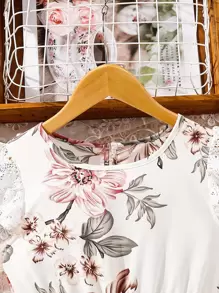 SHEIN Girls Floral Print Lace Trim Ruffle Hem Dress - White - View 3