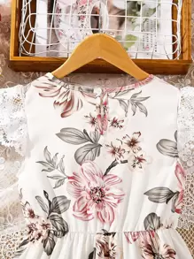 SHEIN Girls Floral Print Lace Trim Ruffle Hem Dress - White - View 6