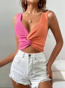 SHEIN VCAY Two Tone Twist Front Crop Knit Top - Multicolor - View 1