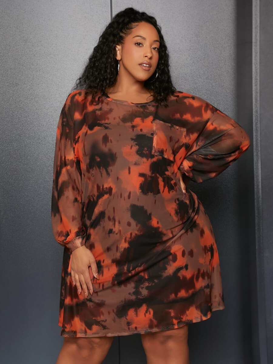 SHEIN CURVE+ Vestido de tie dye de hombros caídos - Multicolor - Ver 1