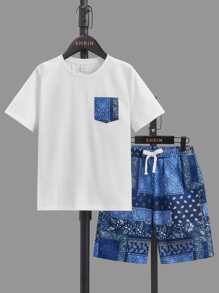 SHEIN Boys Paisley Print Patched Pocket Tee & Drawstring Waist Shorts - Blue and White - View 1