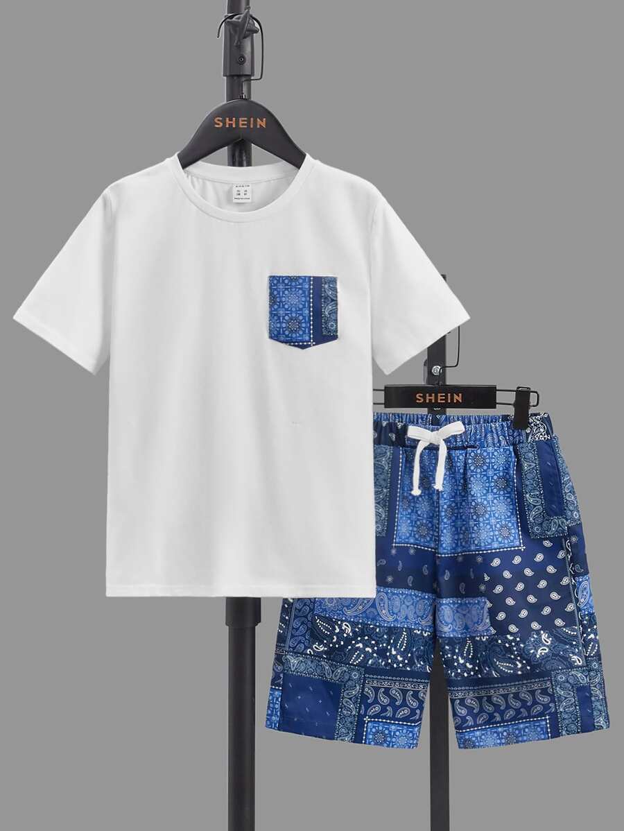 SHEIN Boys Paisley Print Patched Pocket Tee & Drawstring Waist Shorts - Blue and White - View 1