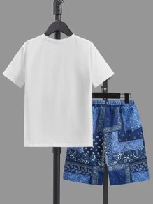 SHEIN Boys Paisley Print Patched Pocket Tee & Drawstring Waist Shorts - Blue and White - View 2