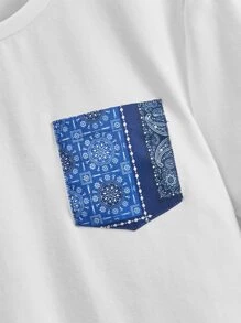SHEIN Boys Paisley Print Patched Pocket Tee & Drawstring Waist Shorts - Blue and White - View 3