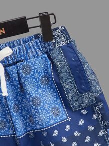 SHEIN Boys Paisley Print Patched Pocket Tee & Drawstring Waist Shorts - Blue and White - View 4
