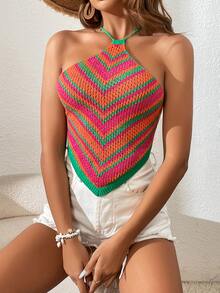 SHEIN VCAY Áo dệt kim nữ Bất đối xứng Lộ Lưng Hội Chữ thập Buộc lại In chữ V Gợi cảm - Nhiều màu - Xem 3